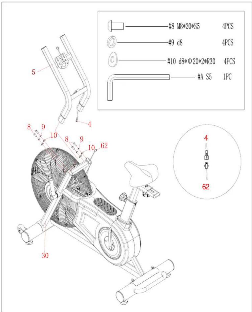 #8 M8*20*S5 4PCS #9 d8 4PCS #10 d8*Φ20*2*R30 4PCS #A S5 1PC 5 4 8 9 10 8 9 10 62 30 4 62