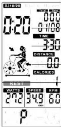 ILL10/20 0:20 TIME 3:30 DISTANCE 0.0 CALORIES REST WATTS SPEED RPM 27.2 34.9 6.0 P