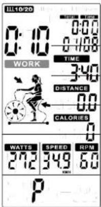ILL10/20 0:10 WORK TIME 3:40 DISTANCE 0.0 CALORIES WATTS | SPEED | RPM 27.2 | 34.9 | 6.0 P