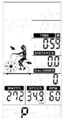 TIME 0:59 DISTANCE 0.0 CALORIES 0 WATTS 272 SPEED RPM 349 60