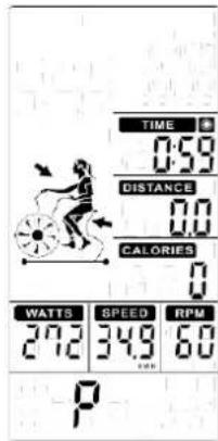 TIME 0:59 DISTANCE 0.0 CALORIES 0 WATTS SPEED RPM 272 349 60 P