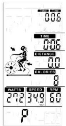 0:06 TIME 0:06 DISTANCE 0.0 CALORIES 8 WATTS SPEED RPM 272 349 60 P