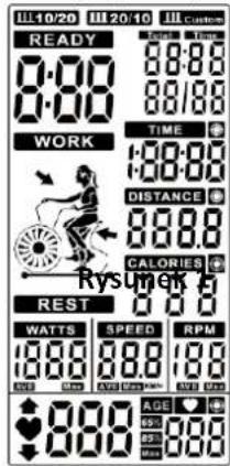 10/20 10/10 10 Control READY 8:00 TIME WORK 1:00:00 DISTANCE 9:00:00 CALORIES Rysumen REST WATTS SPEED RPM 10:00 10:00 10:00 AGE 9:00 9:00 9:00