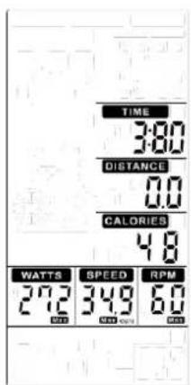 TIME 3:80 DISTANCE 0.0 CALORIES 4.8 WATTS SPEED RPM 27.2 34.9 6.0
