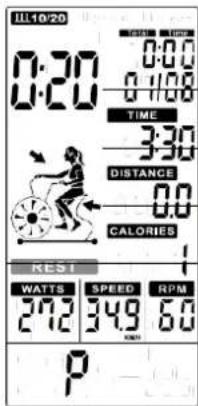 ILL10/20 0:20 0:00 0:10 0:20 TIME 3:30 DISTANCE 0.0 CALORIES RESI WATTS | SPEED | RPM 272 349 60 P