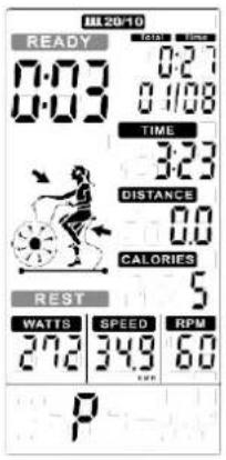 01:03 0:27 01/08 TIME 3:23 DISTANCE 0.0 CALORIES 5 REST WATTS | SPEED | RPM 27.2 34.9 6.0 P