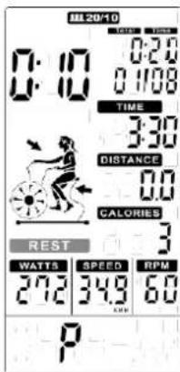 0:10 0:20 0:108 TIME 3:30 DISTANCE 0.0 CALORIES 3 REST WATTS | SPEED | RPM 272 349 60 P