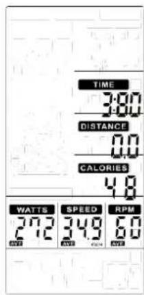 TIME 3:00 DISTANCE 0.0 CALORIES 4.8 WATTS 272 SPEED 34.9 RPM 5.0