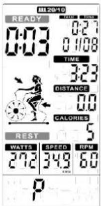 01:20/10 READY 0:03 0:27 0:108 TIME 3:23 DISTANCE 0.0 CALORIES 5 REST WATTS | SPEED | RPM 272 349 60 P