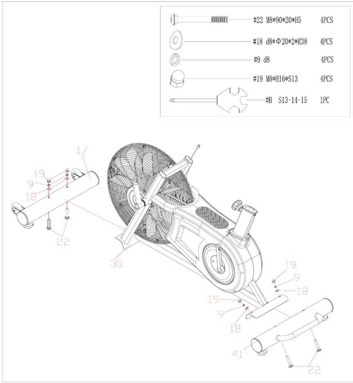 #22 M8*90*20*H5 4PCS #18 d8*Φ20*2*R38 4PCS #9 d8 4PCS #19 M8*H16*S13 4PCS #B S13-14-15 1PC 17 19 9 18 22 30 19 9 18 41 22