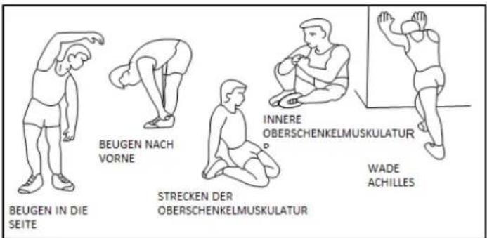 BEUGEN IN DIE SEITE BEUGEN NACH VORNE STRECKEN DER OBERSCHENKELMUSKULATUR INNERE OBERSCHENKELMUSKULATUR WADE ACHILLES