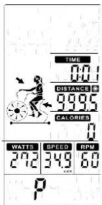 TIME 0:01 DISTANCE 999.5 CALORIES WATTS SPEED RPM 272 349 60 P