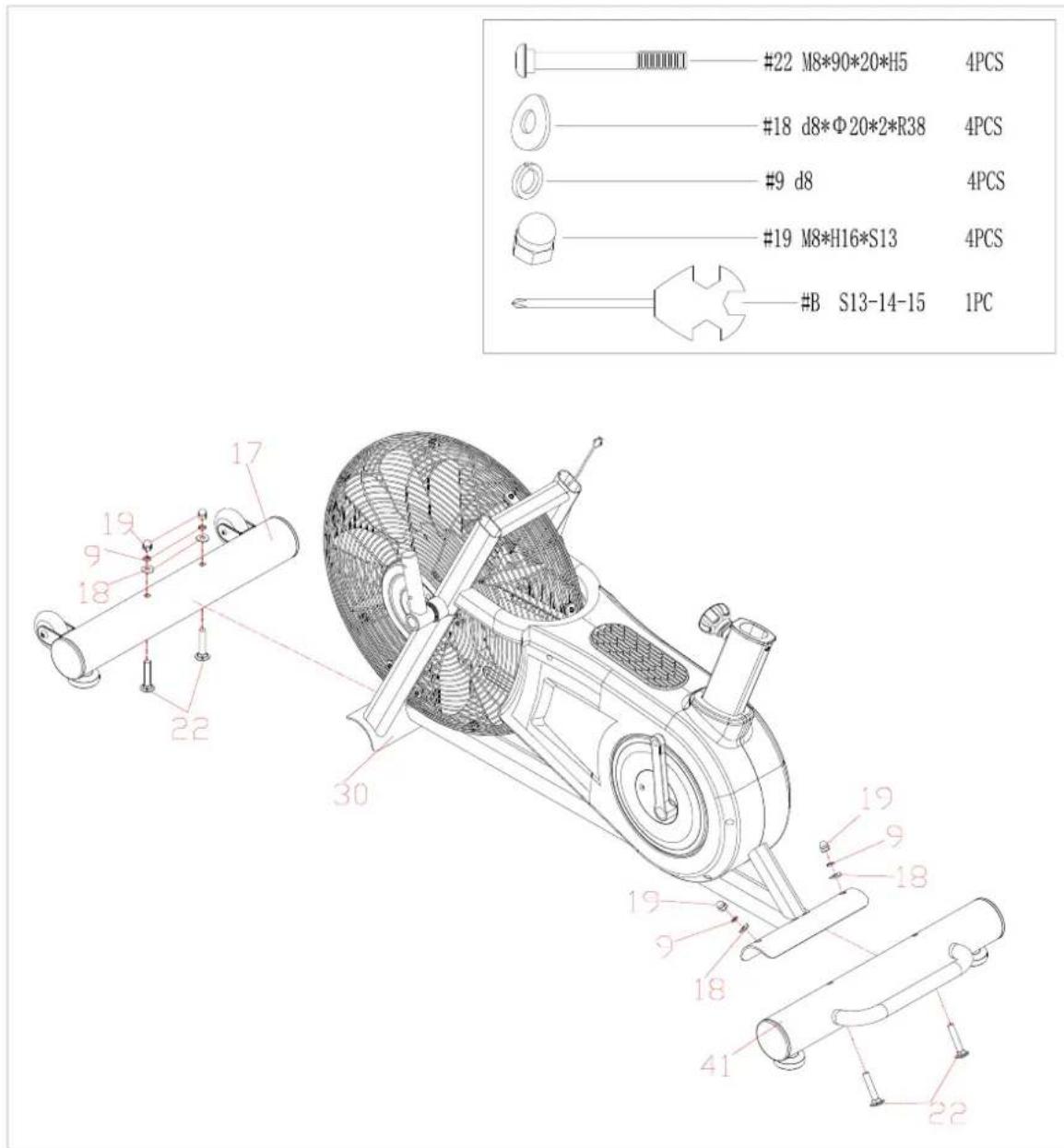 #22 M8*90*20*H5 4PCS #18 d8*Φ20*2*R38 4PCS #9 d8 4PCS #19 M8*H16*S13 4PCS #B S13-14-15 1PC 17 19 9 18 22 30 19 9 18 41 22