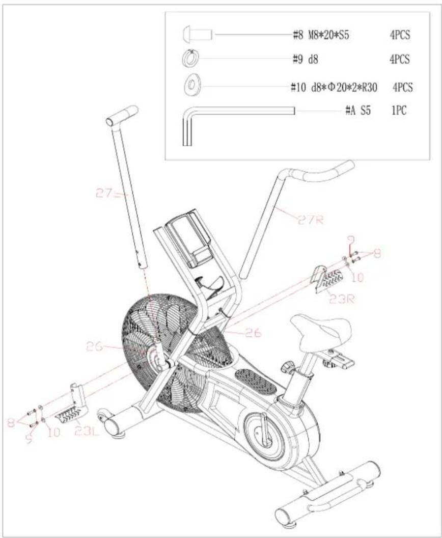 #8 M8*20*S5 4PCS #9 d8 4PCS #10 d8*Φ20*2*R30 4PCS #A S5 1PC 27= 27R 26 26 23R 8 10 23L