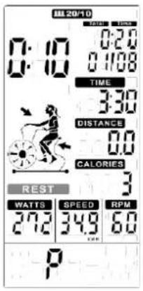 0:10 0:20 0:108 TIME 3:30 DISTANCE 0.0 CALORIES 3 REST WATTS SPEED RPM 27.2 34.9 6.0 P