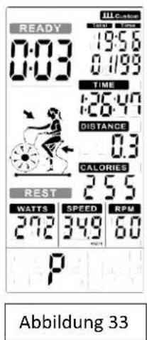 READY 0:03 19:56 0:199 TIME 126:40 DISTANCE 0:3 CALORIES REST 255 WATTS SPEED RPM 272 349 60 P Abbildung 33
