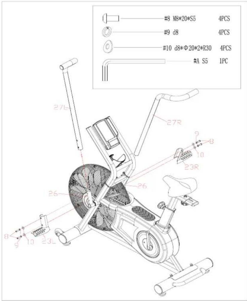 #8 M8*20*S5 4PCS #9 d8 4PCS #10 d8*Φ20*2*R30 4PCS #A S5 1PC 27L 27R 26 26 23R 9 8 10 8 9 10 23L