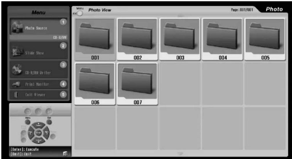 Menu: Photo Source, CD-R/WW, Slide Show, CD-R/WW Writer, Print Monitor, Exit Viewer. Page: 001/001. Photo. 001, 002, 003, 004, 005, 006, 007. [Enter]: Execute, [Exit]: Exit.