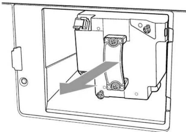 Technical line drawing of a mechanical device with internal components and a gray arrow indicating direction (no text or symbols)