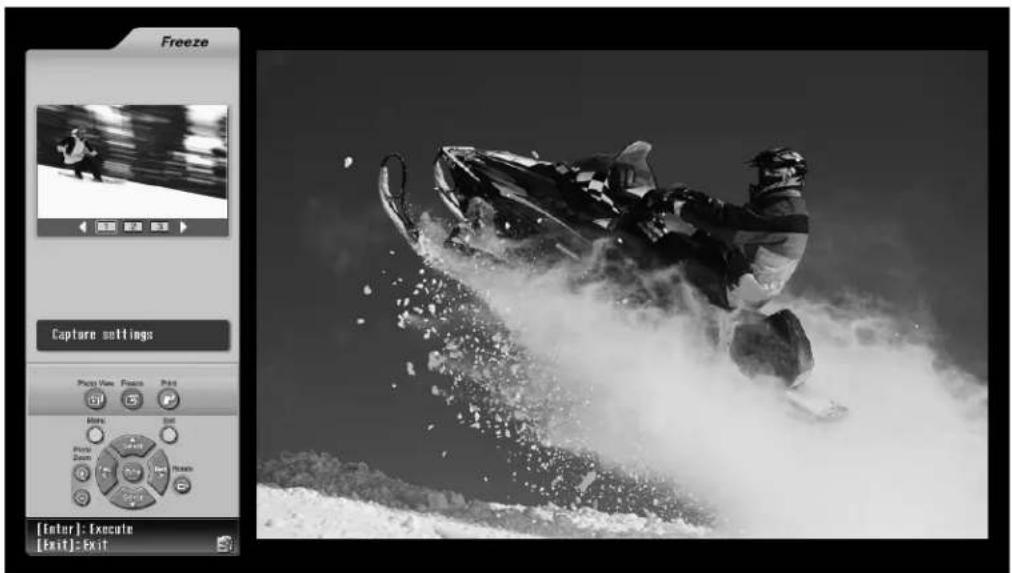 Freeze, Capture settings, Photo View, Forems, Print, Movie, Edit, Photo Zoom, Save, [Enter]: Execute, [Exit]: Exit.