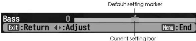 Bass 0, Exit:Return, ▶:Adjust, Default setting marker, Menu:End, Current setting bar.