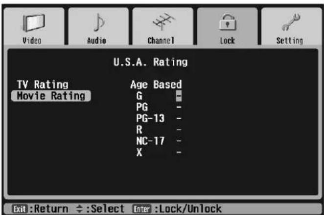 Video Audio Channel Lock Setting U.S.A. Rating TV Rating Movie Rating Age Based G PG PG-13 R NC-17 X Exit:Return ←:Select Enter:Lock/Unlock