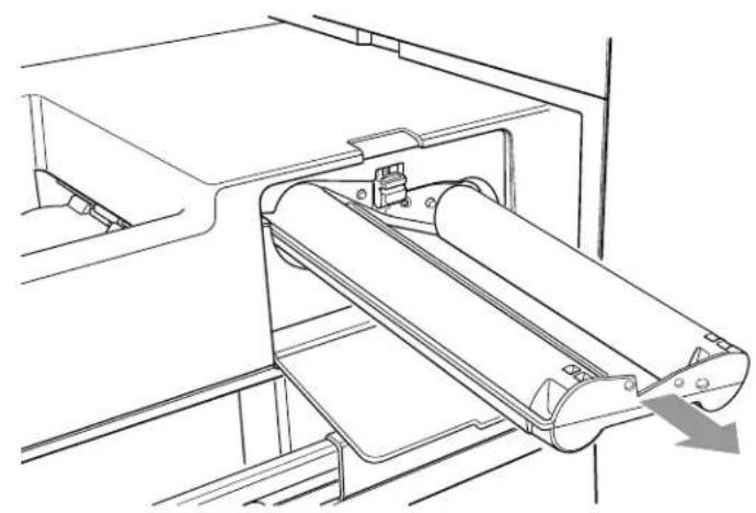 Technical line drawing of a mechanical device with rollers and a directional arrow (no text or symbols)