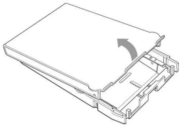 Technical line drawing of a computer case with an arrow indicating rotation (no text or symbols present)
