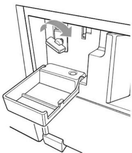 Line drawing of a mechanical device with a handle and internal components, no text or symbols present