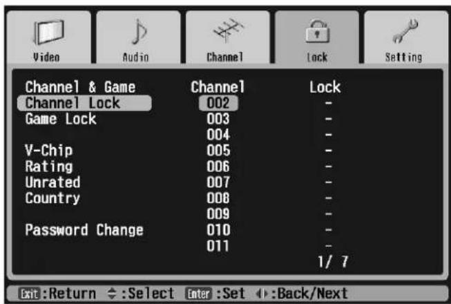 Video Audio Channel Lock Setting Channel & Game Channel Lock Channel Lock 002 - Game Lock 003 - V-Chip 004 - Rating 005 - Unrated 006 - Country 007 - Password Change 008 - 010 - 011 - 1/7 Exit:Return ←:Select Enter:Set ←:Back/Next