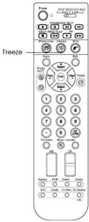Freeze, Power, ST3176102 VCR EN, PAGUEREC SKIP, STOP, RUN, PLAY, Photo View, Freeze, Print, Menu, Edit, Prob, Draw, Select, OK, Next, Rotate, Select, 1, 2, 3, 4, 5, 6, 7, 8, 9, -, 0, CN LTRN, TV/Video, Multi choice, Vol., Ch, Aspect, POP, Swap, Swap, MTS, Guide, Ch Prev., Ch Display, Info.