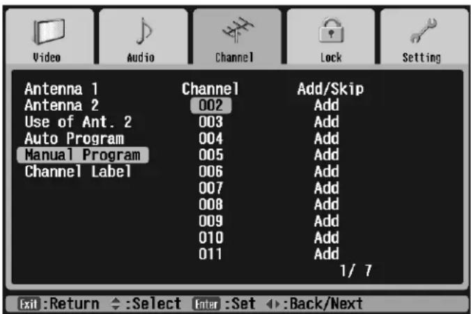 Video Audio Channel Lock Setting Antenna 1 Antenna 2 Use of Ant. 2 Auto Program Manual Program Channel Label Channel 002 003 004 005 006 007 008 009 010 011 Add/Skip Add Add Add Add Add Add Add Add 1/7 Exit: Return ←: Select Enter: Set ▶: Back/Next