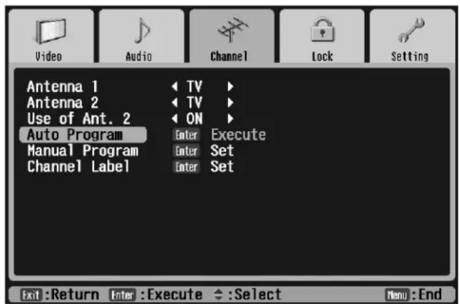 Video Audio Channel Lock Setting Antenna 1 Antenna 2 Use of Ant. 2 Auto Program Manual Program Channel Label TV TV ON Enter Enter Enter Enter Execute Set Set Exit: Return Enter: Execute ←: Select Menu: End