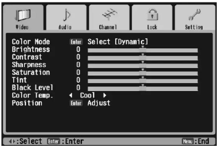 Video, Audio, Channel, Lock, Setting, Color Mode, Enter Select [Dynamic], Brightness 0, Contrast 0, Sharpness 0, Saturation 0, Tint 0, Black Level 0, Color Temp. Cool, Position, Enter Adjust, Select, Enter:Enter, Menu:End.