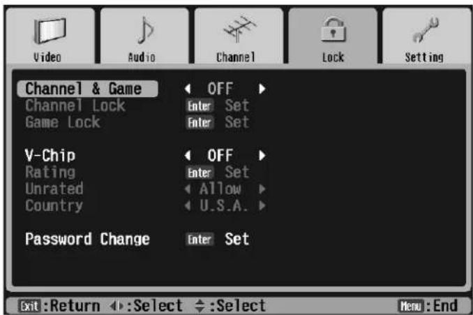Video Audio Channel Lock Setting Channel & Game Channel Lock Game Lock OFF Enter Set Enter Set V-Chip Rating Unrated Country OFF Enter Set Allow U.S.A. Password Change Enter Set Exit:Return ←:Select ←:Select Menu:End