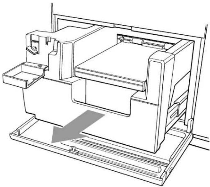 Technical line drawing of a mechanical assembly with internal components and a gray arrow indicating direction (no text or symbols)