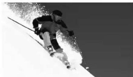 Skier descending a snowy slope with motion blur, no visible text or symbols.