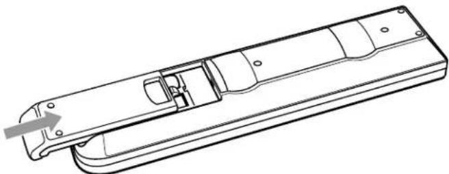 Technical line drawing of a remote control panel with internal components and a directional arrow indicating movement (no text or symbols)