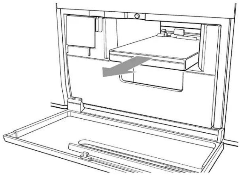Line drawing of a bed inside a storage tray, showing internal compartments and a gray arrow indicating direction (no text or symbols)