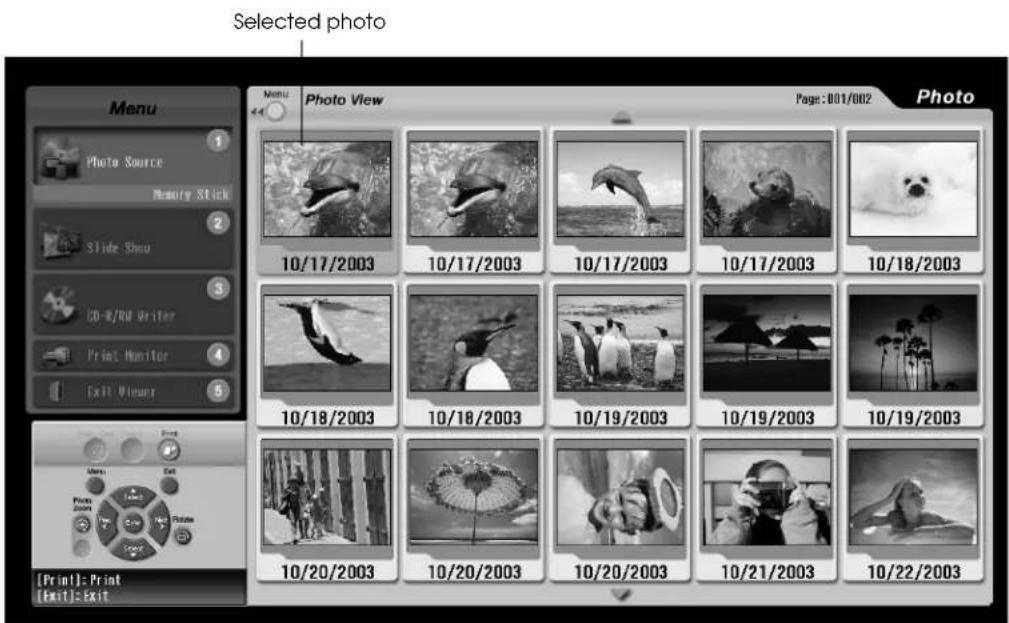 Selected photo Menu Photo View Page: 001/002 Photo 10/17/2003 10/17/2003 10/17/2003 10/18/2003 10/18/2003 10/19/2003 10/19/2003 10/20/2003 10/20/2003 10/20/2003 10/21/2003 10/22/2003 [Print]: Print [Exit]: Exit