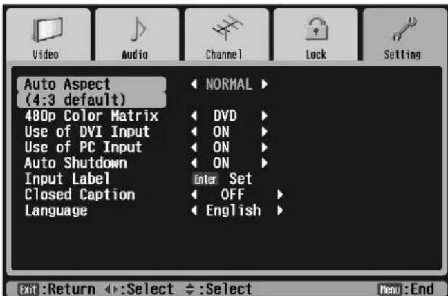 Video, Audio, Channel, Lock, Setting, Auto Aspect (4:3 default), 480p Color Matrix, Use of DVI Input, Use of PC Input, Auto Shutdown, Input Label, Closed Caption, Language, NORMAL, DVD, ON, ON, ON, Enter Set, OFF, English, Exit:Return, ←:Select, ←:Select, Menu:End.