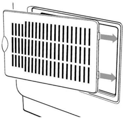 Diagram of a heat exchanger or fan with vertical slats and airflow arrows indicating flow direction (no text or symbols)