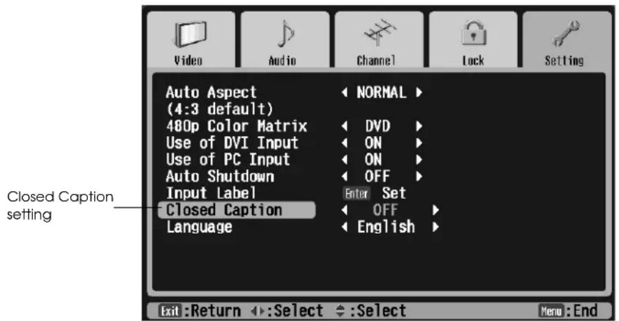 Video Audio Channel Lock Setting Auto Aspect (NORMAL) (4:3 default) 480p Color Matrix DVD Use of DVI Input ON Use of PC Input ON Auto Shutdown OFF Input Label Enter Set Closed Caption OFF Language English Exit :Return ←:Select ←:Select Menu :End