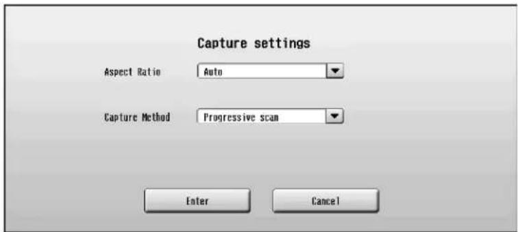 Capture settings, Aspect Ratio Auto, Capture Method Progressive scan, Enter, Cancel.