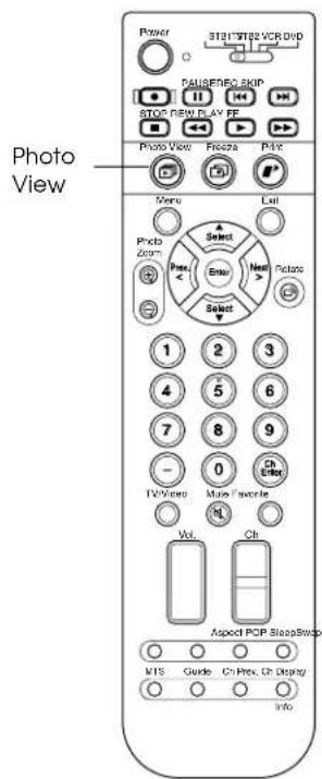 Photo View. Power. STELI STELI VCR DVD. PAINTERING SKIP. STOP NEW PLAY FF. Photo View. Freeze, Print, Menu, Call, Photo Zoom, Select, Pass, Reset, Next, Pickbox, Select. 1 2 3, 4 5 6, 7 8 9, 0 Ch Order. TV/View More Favorite. Vol., Ch. Aspect POP Steps/Sweep. MTS Guide Ch Rev. Ch Display. Info.
