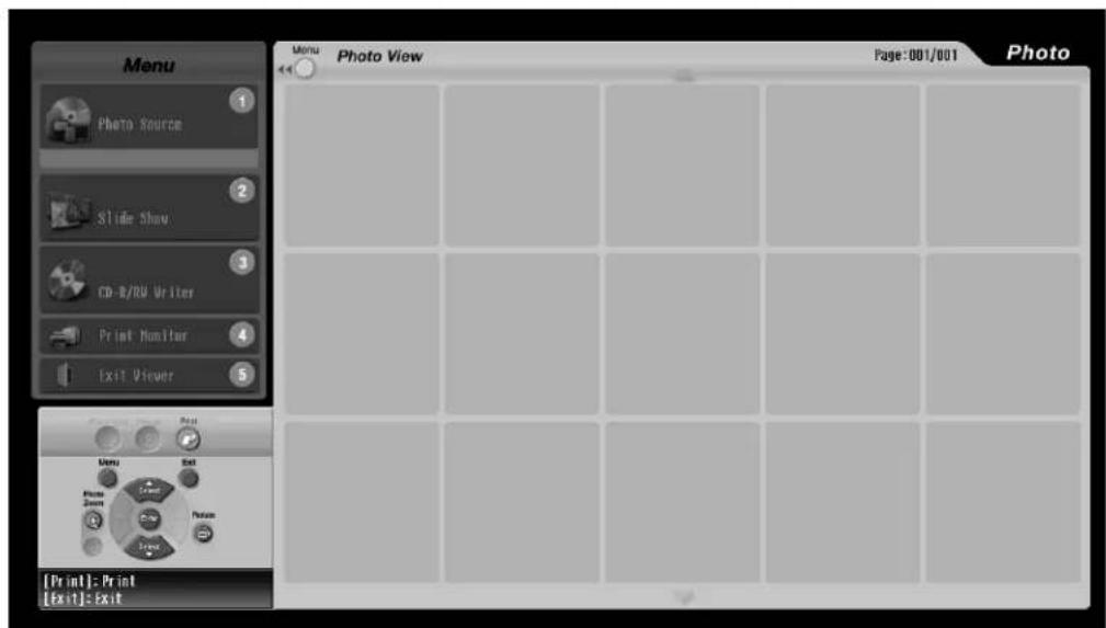 Menu: Photo Source, Slide Show, CD-R/RW Writer, Print Monitor, Exit Viewer. Menu, Exit, Print, Exit. [Print]: Print, [Exit]: Exit. Photo View. Page: 001/001. Photo.