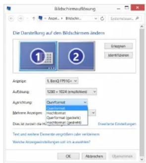 Bildschirmauflösung Anzahl > Bildschnitt Systemausatz... Die Darstellung auf den Bildschirmen ändern Erzeugen Identifiziertan Anfrage: 1. EinQ.FPS1G= Aufsüfung: 1280 x 1024 (empfehlten) Ausrichtung: Quenformat Hochformat Quenformat (geziehlt) Hochformat (geziehlt) Davit ist zusitzte die Hachmodium Eswichtete Einstellungen Text und weitere Elemente ungöttem oder verändern Werte Anzugsweinstellungen sind es ausaktien? OK Abtrechen Übernehmen