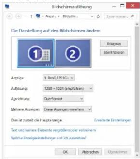 Bildschirmauflösung Anzahl > Bildschirm Systematicn... P Die Darstellung auf den Bildschirmen ändern Ersagen Jordifizien Anzahlte: 1. BinQ (F931G+ Auflösung: 1280 × 1024 (emplobilen) Agrichtung: Quenformat Mehrene Anzeigen: Diese Anzorgen erweiten Das ist zuelt die Hauptarwige. Erswerte Einstellungen Text und weitere Elemente vergroßem oder verkleinem Worche Anzugeinstellungen soll ich ausfallten? OK Abbrachen Übernehres