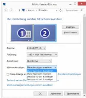 Bildschirmauflösung Angen: - Bildschir... Systematzer... Die Darstellung auf den Bildschirmen ändern Energiegen Identifizieren Angrisige: 2. BerrP191Cr Auflösung: 1200 x 1024 (empofolien) Agrichtung: Quintermet Mehrene Anzigen: Diese Anzigem erweitern Deutschmäßungen Diese Anzige an diei Desktop nur auf 1 anzigenem Desktop nur auf 2 anzigenem Erweiterte Escartungen Test und weitere (ter) und diei Welche Anzigeinserstellungen soll ich ausdritten? OK Abrechen Übemehren