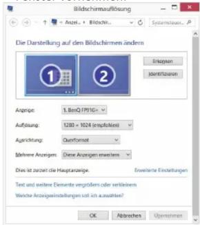 Bildschirma Auflösung Anlagen... Bildschirm... Systemsteuer... P Die Darstellung auf den Bildschirmen ändern Ergangen Identifizien Anlage: 1, Benz (FP16+) Auflösung: 1280 x 1024 (eufolken) Ausrichtung: Quenformat Mehrene Anzegren: Diese Anzegen erwähern Das ist zustet die Hauptarzeige Erweiterte Einstellungen Text und weitere Elemente vergroßem oder verkleihem Welche Anzulegewestellungen soll ich auszahlten? OK Abtrechen Übernehmen